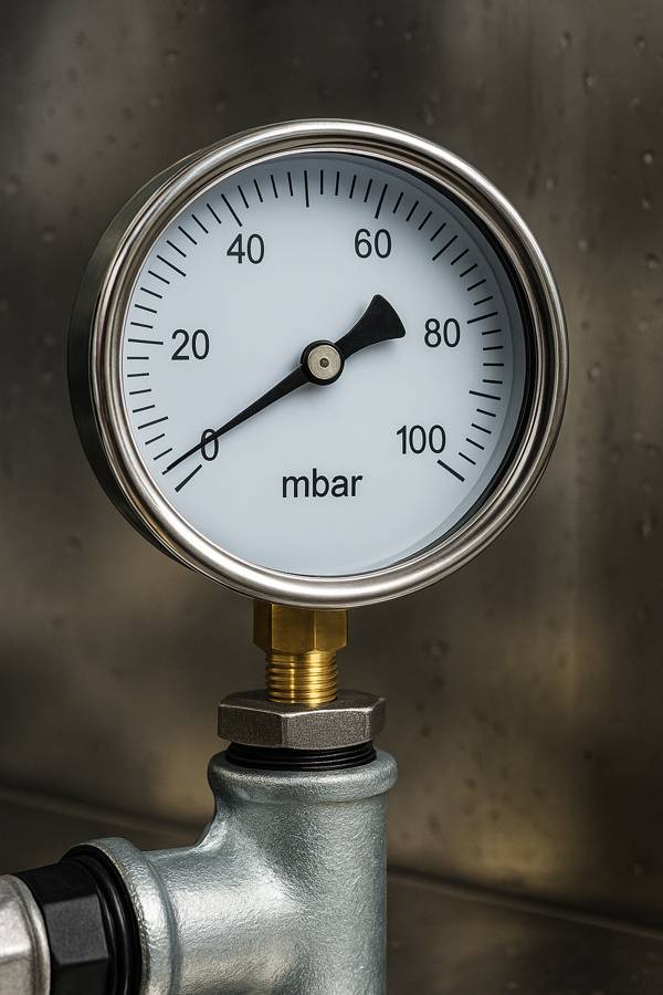 Analog manometer showing pressure in millibars used for DPF filter airflow testing.