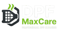 A logo for "DPF MaxCare" featuring the text "DPF" in large white letters and "MaxCare" in green letters below it, with "PROFESSIONAL DPF CLEANING" in smaller white text at the bottom. To the left of the text is a stylized grey icon resembling an engine or exhaust component with green wavy lines representing emissions or airflow