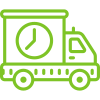 Green outline icon of a fast delivery truck with clock
