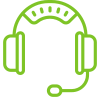 Green outline icon of a headset with microphone on transparent background