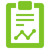 A green clipboard icon displaying a document with three horizontal lines at the top and a line graph with three connected points below.